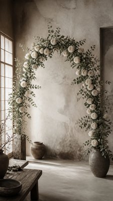 an arch of white roses and eucalyptus in soft morning light, elegant vertical composition with open space, no text