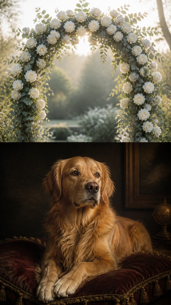 an arch of white roses and eucalyptus in soft morning light, elegant vertical composition with open space, no text
