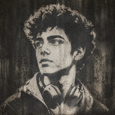 head-and-shoulders portrait of an original character: a young man with curly dark hair and headphones around his neck, plain backdrop, no text
