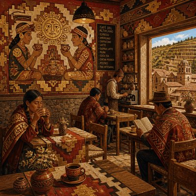 cozy cafe interior with warm lighting