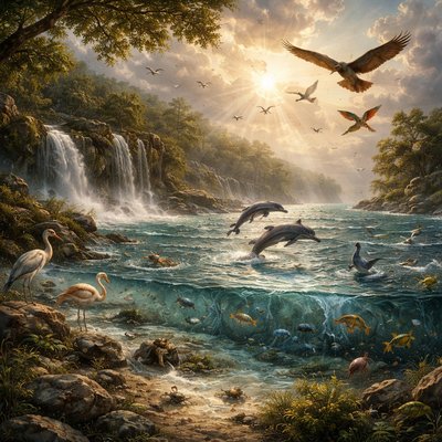 Express without words “And God said, Let the waters bring forth abundantly the moving creature that hath life, and fowl that may fly above the earth in the open firmament of heaven.” (Genesis 1:20, KJV)
