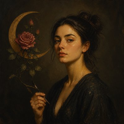 a rose entwined with a crescent moon, clean balanced composition on a plain background, no text