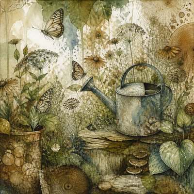 a garden scene with butterflies, flowers and a watering can, clean uncolored line art, no text