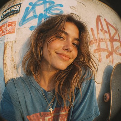 head-and-shoulders portrait of an original character: a young woman with wavy chestnut hair and a warm smile, plain soft backdrop