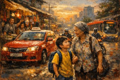 Morning city scene in Petaling Jaya. A 10 year old chinese boy and his grandmother.  As they weave through the narrow sidewalk,  taxis zip by, buses screech to a halt at stoplights, motorbikes wend their way through the stopped traffic, trying to get a head start when the light turns green.  People in the informal businesses set up along the sidewalks call out greetings in a mix of Cantonese, Malay, and English. The sky, still soft with the remnants of dawn, and yet already heavy with humid heat, hinted at another sweltering afternoon ahead.