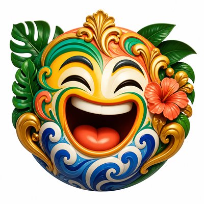 an exaggerated laughing face of an original round mascot character, bold and readable at small size, plain background, no text