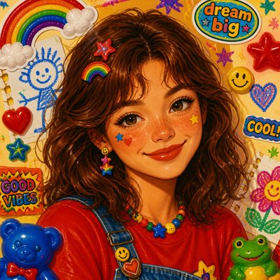 head-and-shoulders portrait of an original character: a young woman with wavy chestnut hair and a warm smile, plain soft backdrop