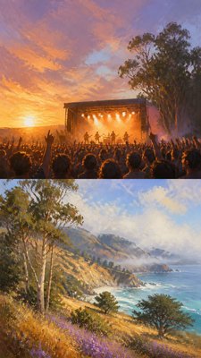 a live music scene with a glowing stage and silhouetted crowd, energetic vertical composition with open space at the top, no text
