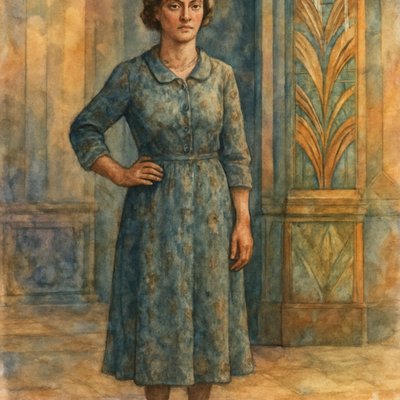A woman dressed in Great Depression era fashion, standing in a dimly lit, humble setting. She wears a modest, long-sleeved dress made of durable, slightly faded cotton or rayon, with a mid-calf hemline. The dress is a muted color like dusty blue, faded green, or soft brown, possibly with a subtle, small floral or geometric pattern. Her hair is styled simply, perhaps in soft waves or a practical updo, and she wears sturdy, low-heeled lace-up shoes. Her posture is resilient, reflecting the strength of the era. The background is simple and sparse, hinting at the economic hardship, perhaps an old wooden wall or a faded curtain. The overall feeling is one of quiet determination and dignified hardship Use Art Deco architecture or Art Deco interior in the background, but describe the fashion as faded, worn, and humble. Juxtapose the sleek, modern geometry of the setting with the practical, mended, and heavy wool textures of the clothing.