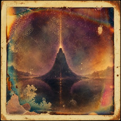 a painting of a mountain in the middle of a lake