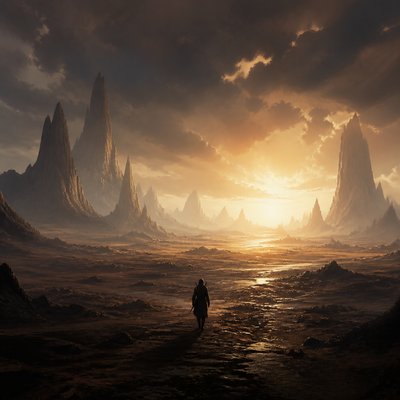 a solitary figure walking toward a glowing horizon across an empty plain, moody atmosphere, no text or lettering