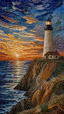 a lone lighthouse on a cliff at dusk under a dramatic sky, no text or lettering