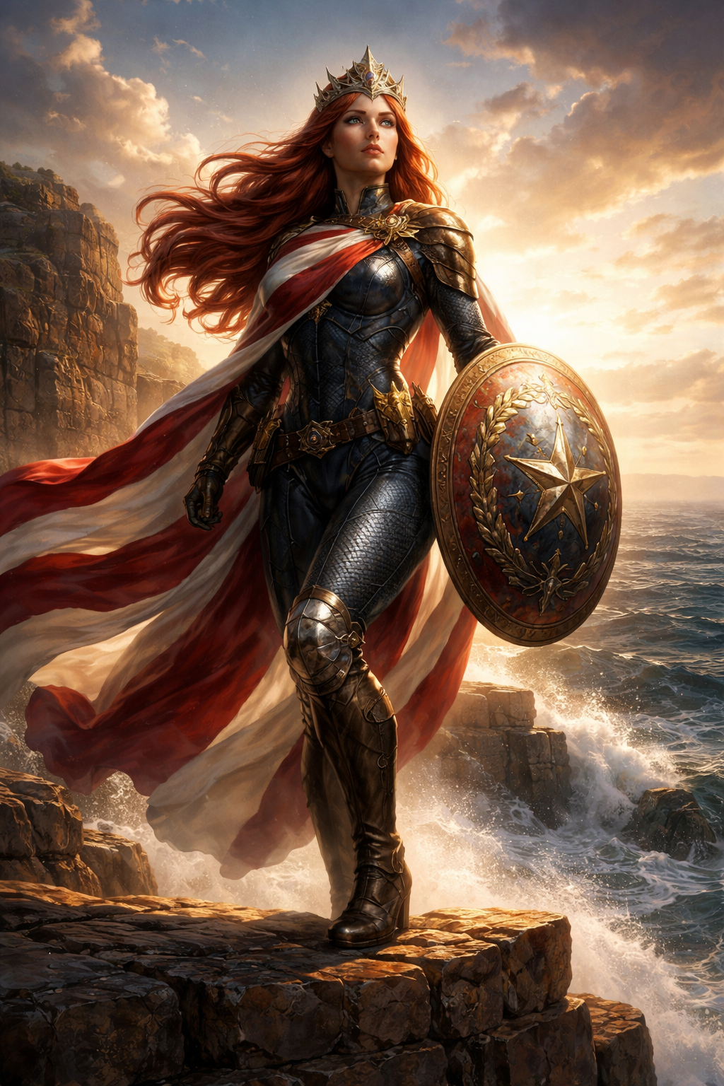 Epic Comic Book Cover Art, Neoclassical Painting Influence, Cinematic Lighting. A majestic female superhero with long red hair, a fusion of Captain America's tactical practicality and the classical personification of "Columbia." She stands atop a rugged coastal fortress wall with the ocean crashing below at dawn.
The Costume: A blend of armored protection and classical drapery. She wears a fitted, reinforced tactical suit in deep ocean blue with scale-mail elements. Over this, a heavy, flowing crimson and white striped sash is draped toga-style across her chest and shoulder, held by a golden eagle clasp. Modest styling.
The Gear: Instead of a cowl, she wears a gleaming, stylized armored tiara/crown with a prominent central star, evoking classical statues. On her left arm is a massive, ornate round shield. The shield features a relief sculpture design: a central star surrounded by an anchor motif and an encircling laurel wreath, painted in muted red, white, blue, and antique gold. She wears heavy armored gauntlets and combat boots.
The Vibe: Powerful, statuesque, and inspiring. Her pose is strong and unwavering, looking out over the horizon. The lighting is golden sunrise light mixing with sea spray.