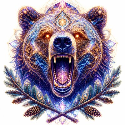 a roaring bear head above crossed pine branches, bold graphic composition on a plain background, no text