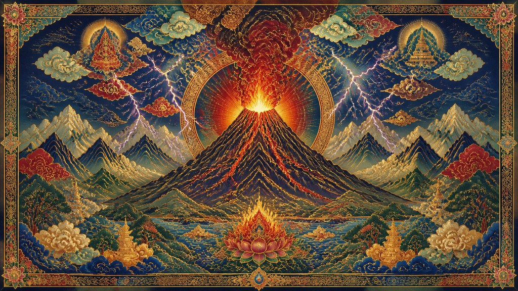 an erupting volcano with lightning strikes, dramatic wide composition, no text
