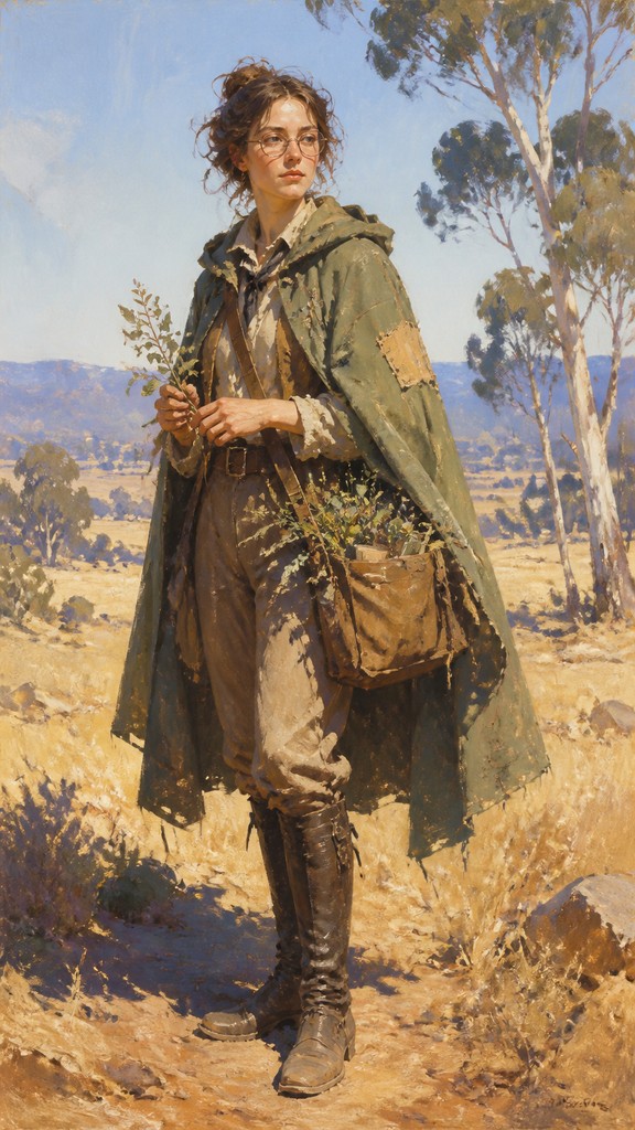 full-body original character: a wandering botanist with a satchel of plants, a patched green cloak, tall boots and round glasses, neutral background