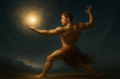 a painting of a man holding a ball