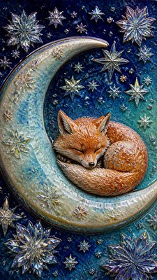 a sleeping baby fox curled on a crescent moon among soft stars, gentle and warm, no text