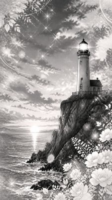 a lone lighthouse on a cliff at dusk under a dramatic sky, no text or lettering