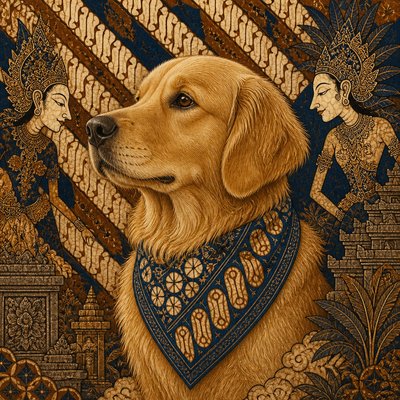 portrait of a golden retriever wearing a blue bandana, warm plain backdrop, no text