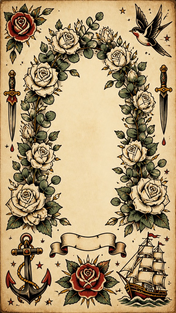 an arch of white roses and eucalyptus in soft morning light, elegant vertical composition with open space, no text