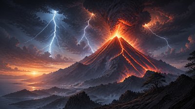 an erupting volcano with lightning strikes, dramatic wide composition, no text