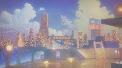 a city skyline panorama at dusk with glowing windows, no people