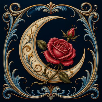 a rose entwined with a crescent moon, clean balanced composition on a plain background, no text