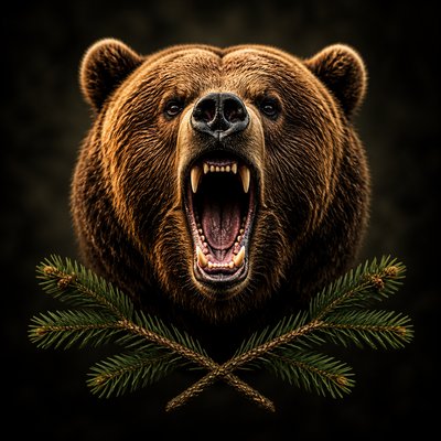 a roaring bear head above crossed pine branches, bold graphic composition on a plain background, no text
