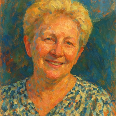 a painting of a woman smiling for the camera