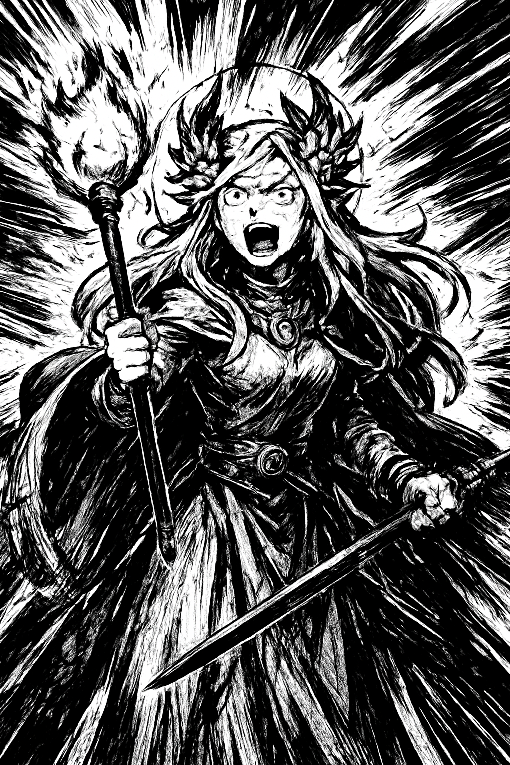 a black and white drawing of a woman holding a sword