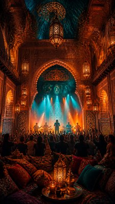 a live music scene with a glowing stage and silhouetted crowd, energetic vertical composition with open space at the top, no text