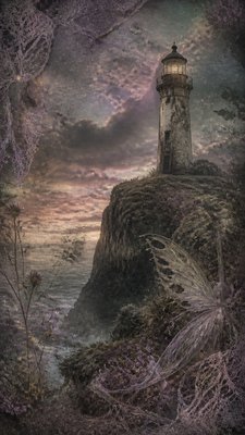 a lone lighthouse on a cliff at dusk under a dramatic sky, no text or lettering