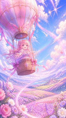 a hot air balloon drifting over rolling flower fields on a sunny day, cheerful, no text