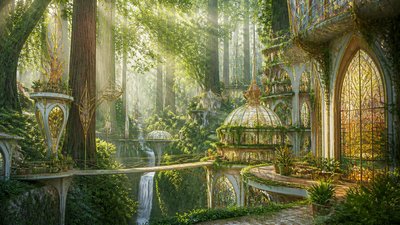 a panoramic redwood forest with light rays through mist, no people