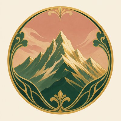 an emblem of a mountain peak inside a circle, simple bold shapes on a plain background, no text or lettering