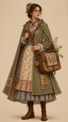 full-body original character: a wandering botanist with a satchel of plants, a patched green cloak, tall boots and round glasses, neutral background