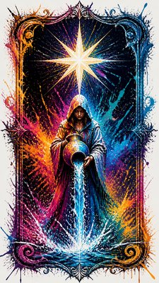 a robed figure pouring water beneath a large eight-pointed star in a night sky, symmetrical composition with an ornate decorative border, no text