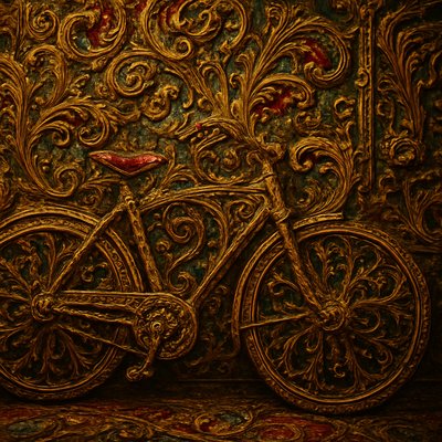 bicyle resting against a wall