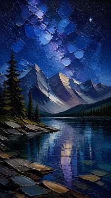 a tranquil mountain lake beneath a starry night sky, no people, no text