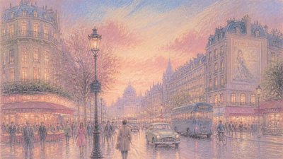 bustling city street panorama at dusk
