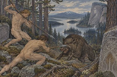 two male ignudi athletes fight a wild boar with spears in the forest
