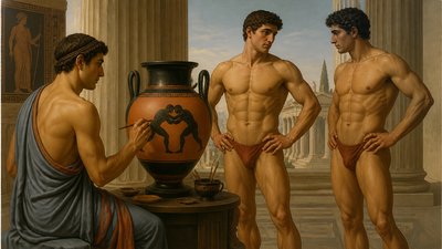 ancient greek vase painter and two wrestlers posing for him
