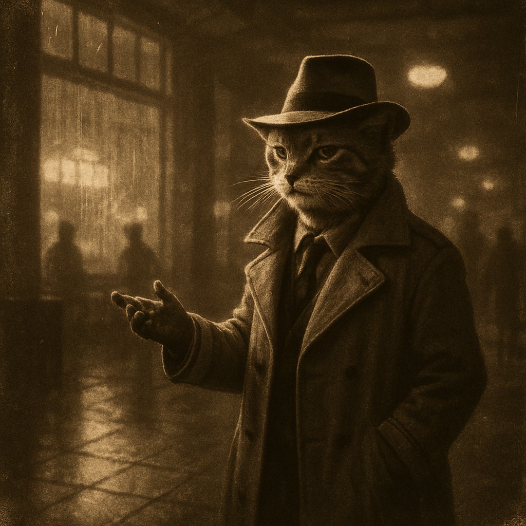 "Oliver, a human-sized, bipedal tabby cat with a trench coat and fedora, stands under the dim, atmospheric lighting of the original Grand Canyon Xanterra Lodge lobby. The scene is shot in classic film noir style, with strong contrasts between light and shadow, creating dramatic silhouettes and long, exaggerated shadows. Rain streaks down the large lobby windows, reflecting the neon glow from outside. He gestures with one paw towards an unseen check-in desk, his expression a mix of polite welcome and guarded cynicism. The texture of his fur is visible, adding to his rugged, lived-in appearance. Guests, depicted as blurred, indistinct figures, mill about in the background, their faces obscured by shadow or distance. The overall mood is mysterious, slightly melancholic, and undeniably stylish, capturing the essence of a bygone era."