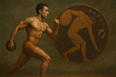 a painting of a man holding a disc