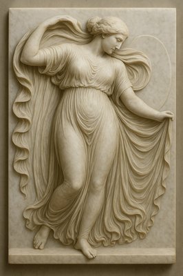 a white sculpture of a woman with flowing hair