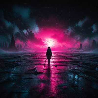 a solitary figure walking toward a glowing horizon across an empty plain, moody atmosphere, no text or lettering