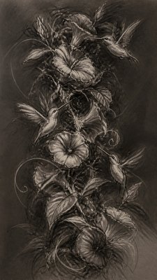 a climbing vine of flowers and hummingbirds on a dark background, tall wrapping composition, no text