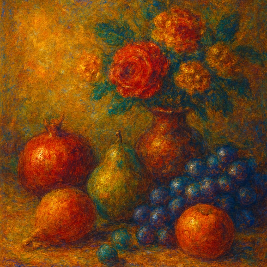 still life arrangement of fruits and flowers