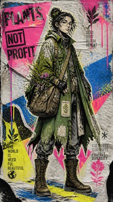 full-body original character: a wandering botanist with a satchel of plants, a patched green cloak, tall boots and round glasses, neutral background
